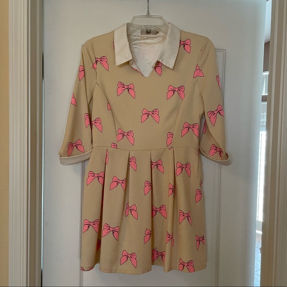Power Sweet Bow Print Collar Pink Tan Bow Dress - Picture 3 of 15